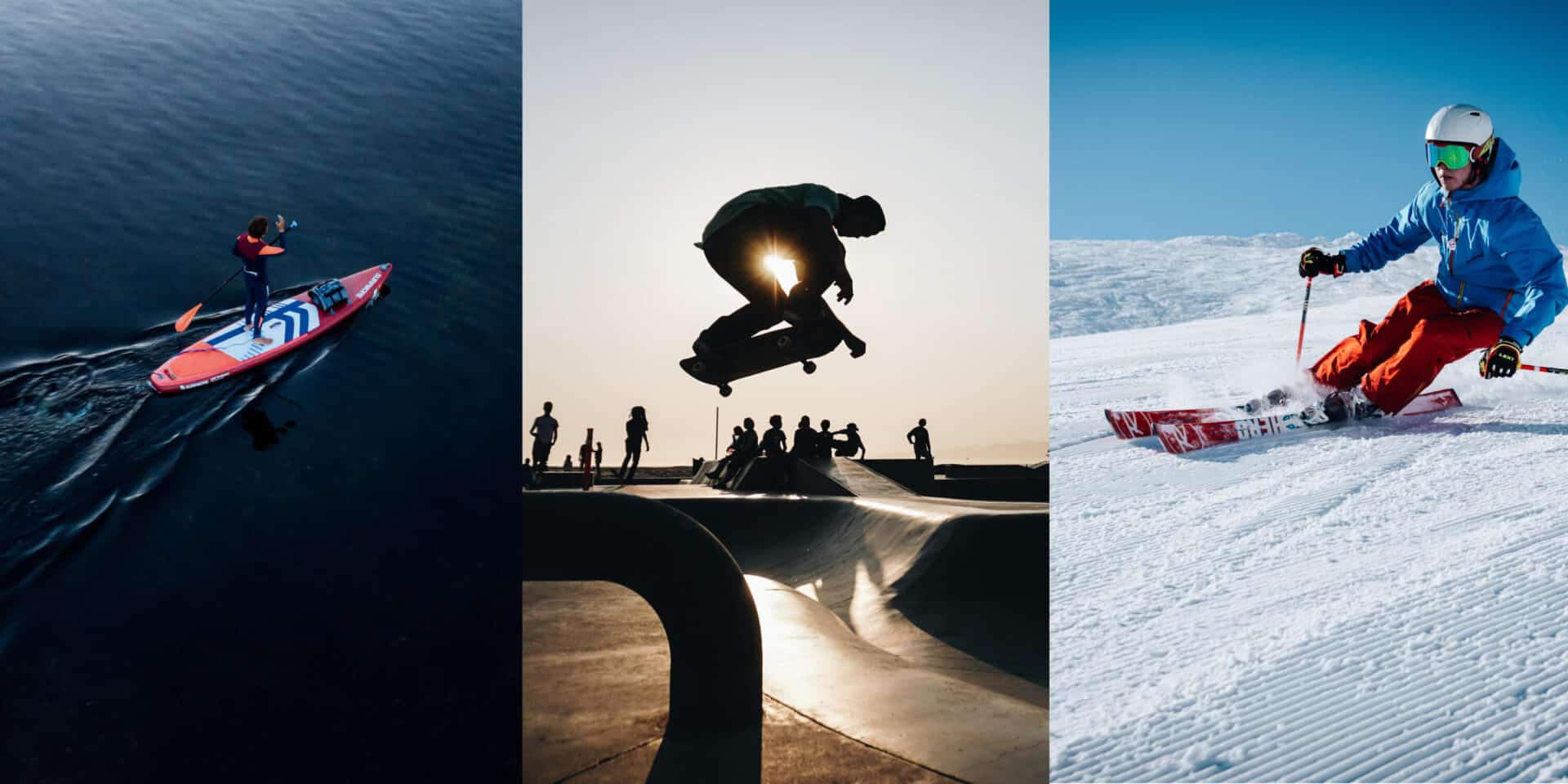 Person står på paddelboard, en anden står på skateboard og den sidste står på ski