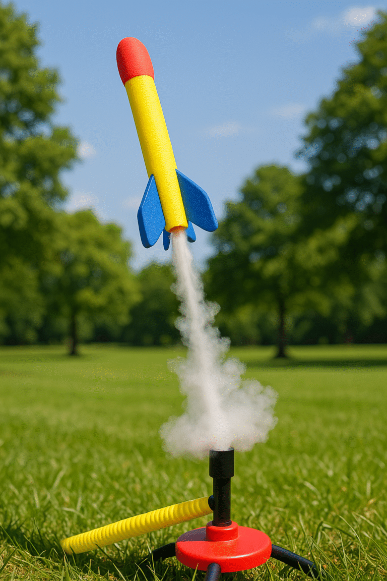 9367899b ae24 4298 9cc6 5154d431a6e5 En farverig legetøjsraket i skumplast affyres fra en lille startrampe i en grøn park, med en røgsky under sig og blå himmel i baggrunden.