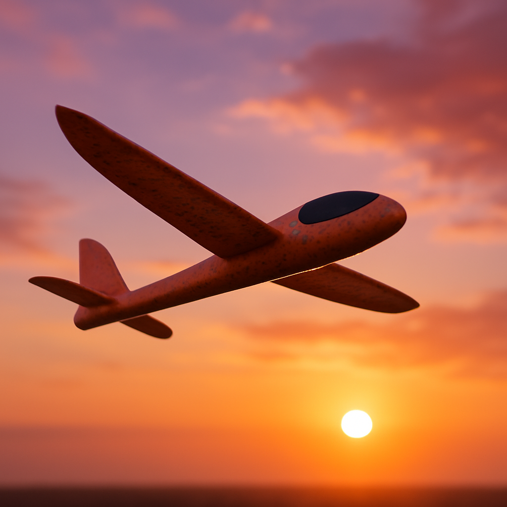 Et svævefly legetøj i orange skumplast svæver gennem luften med en varm aftensol og farverige skyer i baggrunden.