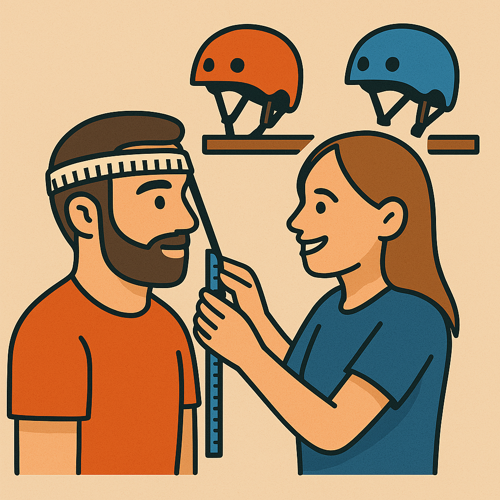 Piktogram viser hvordan man måler sit hoved for at finde den perfekte skaterhjelm. Der står to skaterhjelme i baggrunden i blå og orange.