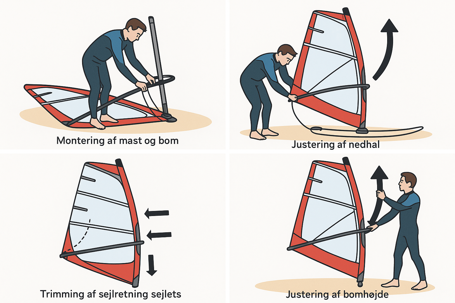f0d480d4315b43de85a7b3fdae895bd4 Montering af mast og bom. Justering af nedhal. Trimming af sejlretning sejlets. Justering af bomhøjde.