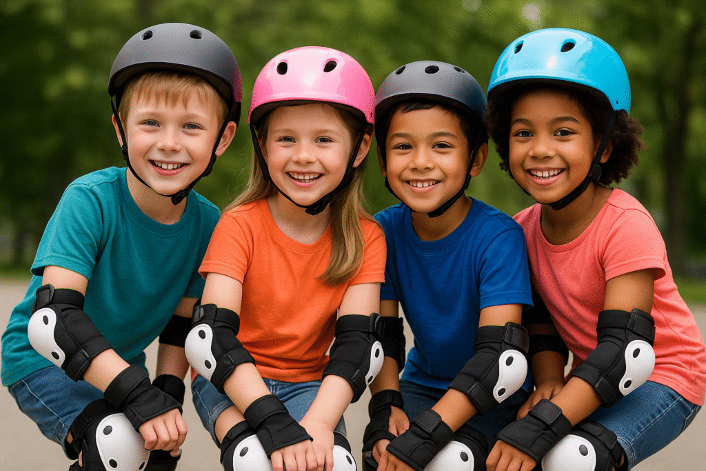 4 børn sidder på hug med deres sikkerhedsudstyr på. De har alle hjelme, knæbeskyttere, albuebeskyttere og håndledsbeskyttere