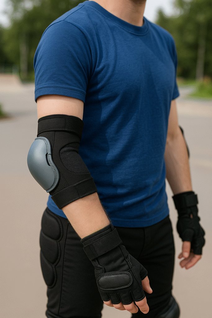 Person har albuebeskytter, håndledsbeskytter og crashpants på.