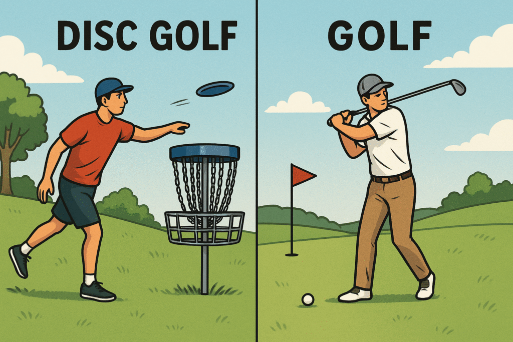 122878f2 55da 447c 8c6d 30999fa86718 Forskellen på Disc Golf og almindelig Golf. Disc Golf er med en frisbee med et målfelt med kæder. Almindelig Golf er med en "kølle" og man slår til bolden og målet er et hul i banen